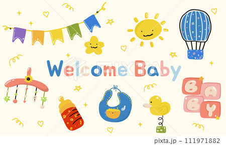 Welcome greeting card for childbirth with adorable baby accessories, welcome the little one into the family. Welcome greeting card for childbirth with adorable baby accessories, welcome the little one into the family. 111971882