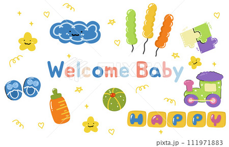 Welcome greeting card for childbirth with adorable baby accessories, welcome the little one into the family. 111971883
