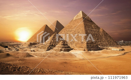 Panoramic view of Beautiful pyramid of Giza at sunset, Egypt. Generative AI 111971963