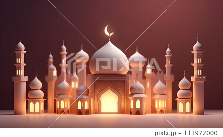 Ramadan Kareem background with mosque on solid background. Generative AI 111972000