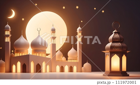 Ramadan Kareem greeting background with mosque and full moon. Generative AI 111972001