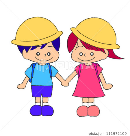 男の子と女の子の小学生 クレヨンイラスト 111972109