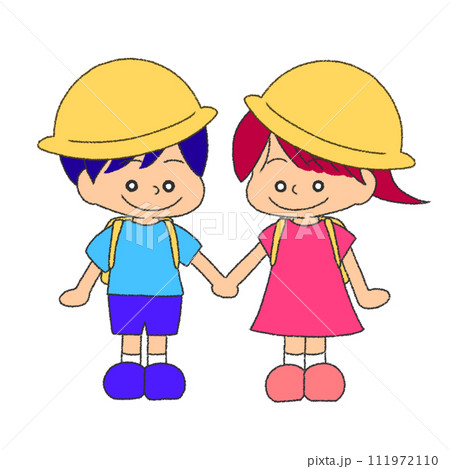 男の子と女の子の小学生 クレヨンイラスト 111972110