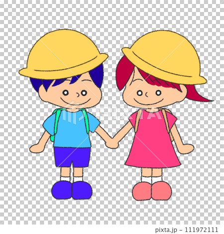 男の子と女の子の小学生 クレヨンイラスト 111972111
