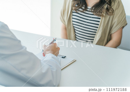 診察を受ける患者の女性と話を聞く医師・医者（婦人科・性病検査・性感染症・中絶） 111972188