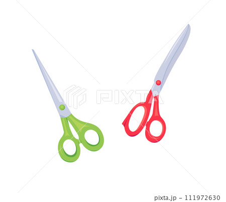 Set of cute scissors in cartoon style. Set of different colored scissors vector. Vector illustration of colored scissors of different shapes. Scissor icon in cartoon and flat style. 111972630