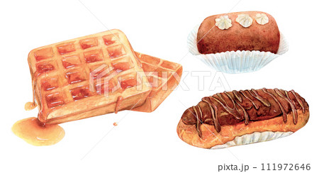 Bakery set watercolor drawing. Belgian waffles honey caramel. Eclair chocolate topping. Rum balls Liege sweet tasty dessert illustration. Pastry fudge nuggets delicious breakfast treat cheesecake 111972646