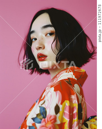 鮮やかな着物を纏ったモダンな日本人女性のポートレート 111972678