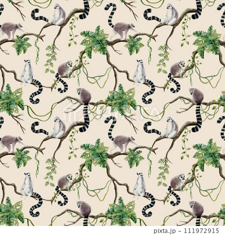 Tropical lemurs on jungle trees with palm leaves and vines watercolor seamless pattern on beige background with Madagascar cute tropical monkeys on branches 111972915