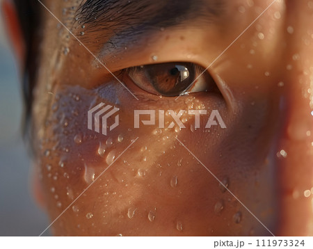 汗をかく力強いアジア人男性のクローズアップ 汗をかく力強いアジア人男性のクローズアップ 111973324