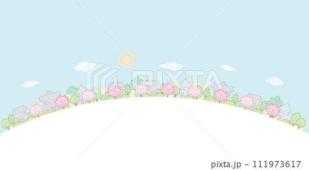 桜の咲く街並み. 春の街並み. 点画のベクターイラスト. 桜の咲く街並み. 春の街並み. 点画のベクターイラスト. 111973617