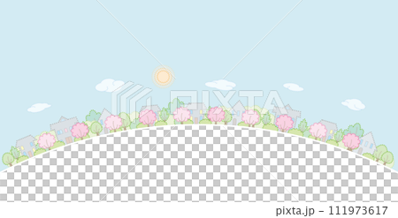 Cityscape with blooming cherry blossoms. Spring cityscape. Vector illustration of dot painting. Cityscape with blooming cherry blossoms. Spring cityscape. Vector illustration of dot painting. 111973617
