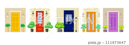 Different Door and Building Entry with Lamp and Bush Vector Set 111973647