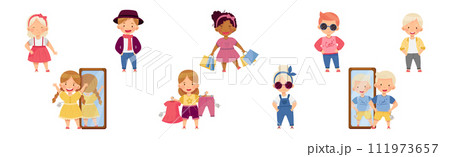 Little Kids in Fashion Clothes Fitting New Stylish Look Vector Set Little Kids in Fashion Clothes Fitting New Stylish Look Vector Set 111973657