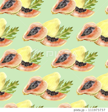 Watercolor tropical papaya fruits seamless pattern on green background. Exotic ripe , summer food illustration. Papaya slices with green leaves for packing, label , logo design Watercolor tropical papaya fruits seamless pattern on green background. Exotic ripe , summer food illustration. Papaya slices with green leaves for packing, label , logo design 111973737