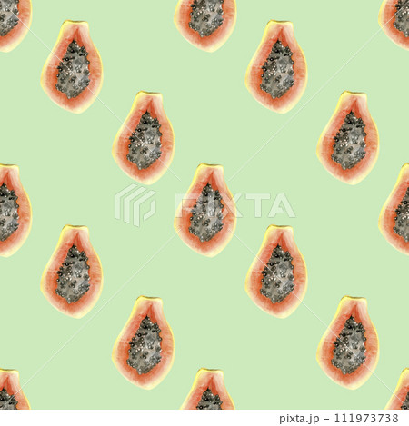 Watercolor tropical papaya fruits seamless pattern on green background. Exotic ripe , summer food illustration. Orange fruits for label, logo, packing design Watercolor tropical papaya fruits seamless pattern on green background. Exotic ripe , summer food illustration. Orange fruits for label, logo, packing design 111973738
