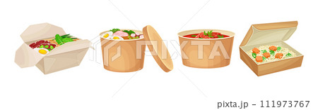 Kraft Paper or Cardboard Eco Package with Food Inside Vector Set 111973767