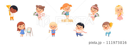 Cute Kids Winner Celebrate Victory Have Award Vector Set 111973816