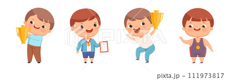 Cute Kids Winner Celebrate Victory Have Award Vector Set 111973817