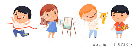 Cute Kids Winner Celebrate Victory Have Award Vector Set 111973818