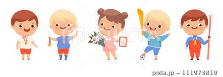 Cute Kids Winner Celebrate Victory Have Award Vector Set 111973819