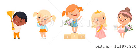 Cute Kids Winner Celebrate Victory Have Award Vector Set 111973820