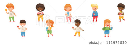 Cute Boy and Girl Eating Sweets and Sugary Treats Vector Set Cute Boy and Girl Eating Sweets and Sugary Treats Vector Set 111973830