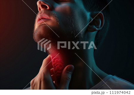 AI-generated content. Man holding his throat in discomfort, a relevant image for healthcare materials, symptoms of throat diseases, and medical diagnostics 111974042