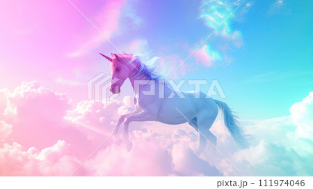 AI-generated content. A majestic white unicorn with a flowing mane galloping across a dreamy cloudscape of pink and blue hues, perfect for fantasy-themed content, children's literature, or creative 111974046