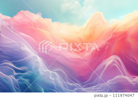 AI-generated content. A digitally-created fantasy landscape presenting rolling hills with a soft, pastel color palette, ideal for use in animation backgrounds, children book illustrations, or as a 111974047