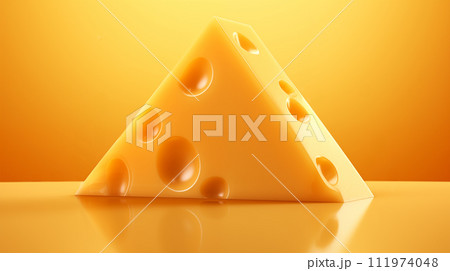 AI-generated content. A perfect triangle of Swiss cheese on a vibrant yellow background, symbolizing freshness and quality, copy space, suitable for dairy product marketing or food packaging. 111974048