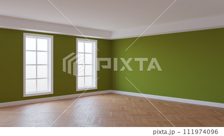 Khaki Interior with a White Ceiling and Cornice, Glossy Herringbone Parquet Floor, Two Large Windows and a White Plinth. Unfurnished Room Concept. 3D Rendering. 8K Ultra HD, 7680x4320, 300 dpi Khaki Interior with a White Ceiling and Cornice, Glossy Herringbone Parquet Floor, Two Large Windows and a White Plinth. Unfurnished Room Concept. 3D Rendering. 8K Ultra HD, 7680x4320, 300 dpi 111974096