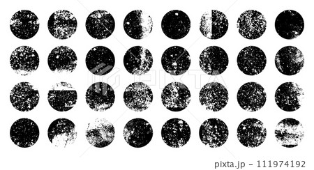 Grunge circles with stains and scratches. Circle brush stroke, round shape design element. Distressed dirty text frame, border, sticker or label. Paintbrush, ink stains. Vector illustration 111974192