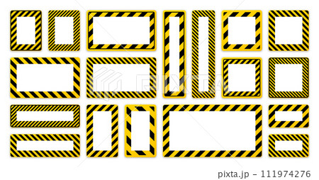 Various blank warning signs with diagonal lines. Red attention, danger or caution sign, construction site signage. Realistic notice signboard, warning banner, road shield. Vector illustration 111974276