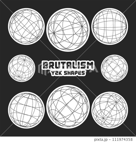 Wireframe shapes, lined sphere. Perspective mesh, 3d grid. Modern trendy low poly geometric elements. Retro futuristic design elements, y2k, vaporwave and synthwave style. Vector illustration 111974358