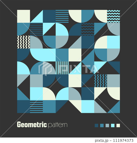 Geometric trendy pattern. Modern colorful background with simple elements. Retro texture with basic geometric shapes. Print design, minimalist poster cover. Vector illustration Geometric trendy pattern. Modern colorful background with simple elements. Retro texture with basic geometric shapes. Print design, minimalist poster cover. Vector illustration 111974373