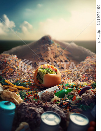 Food waste concept. View to a wasteland with huge heaps of garbage 111974400