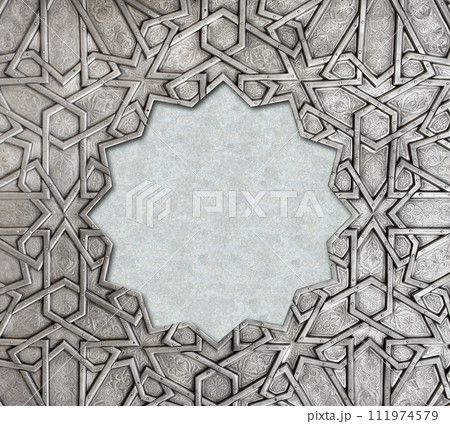 Frame with traditional islamic ornament. Copper window shutter with antique and national moroccan floral pattern. Oriental ornaments with artistic with chasing for brass. Copy space for text 111974579