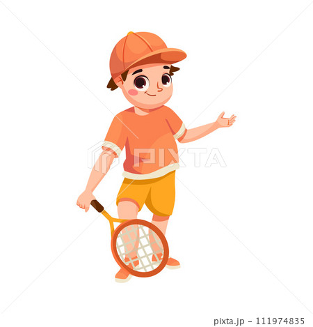 Happy Boy Character Play Tennis Do Sport and Physical Body Training Vector Illustration 111974835
