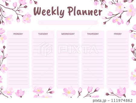 Cherry Blossom Weekly Planner Design with Blooming Pink Flower Vector Template Cherry Blossom Weekly Planner Design with Blooming Pink Flower Vector Template 111974862