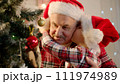Senior man and his grandson decorating Christmas tree at home 111974989