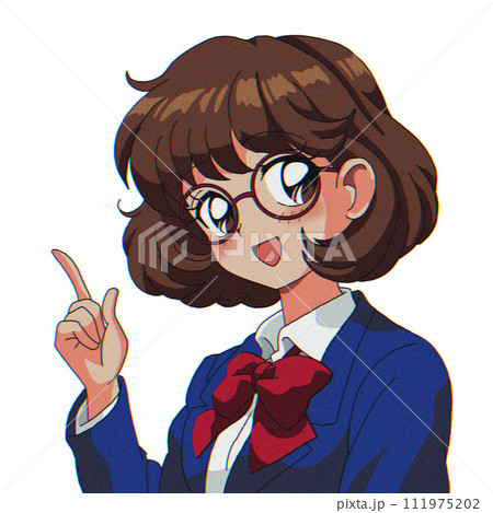 眼鏡の女の子　指差し　90年代風　制服 111975202