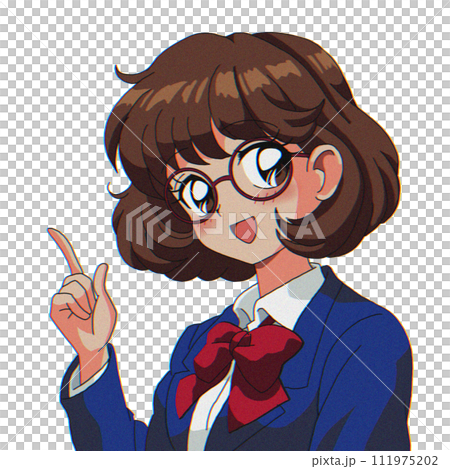 眼鏡の女の子　指差し　90年代風　制服 111975202