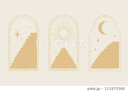 Set arch window line frame celestial, mystic with staircase, astrology symbols moon and sun, line border, minimal tattoo isolated. Esoteric spiritual icon. Set arch window line frame celestial, mystic with staircase, astrology symbols moon and sun, line border, minimal tattoo isolated. Esoteric spiritual icon. 111975560