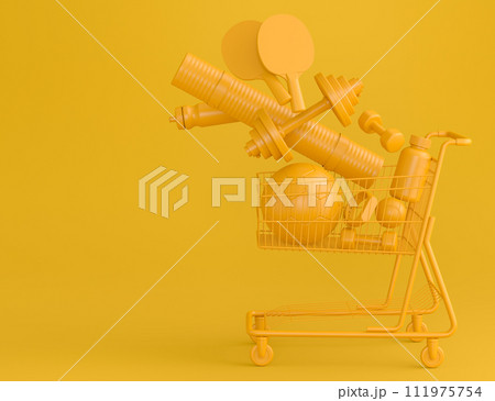 Sport equipment for fitness, gym in shopping cart on monochrome Sport equipment for fitness, gym in shopping cart on monochrome 111975754
