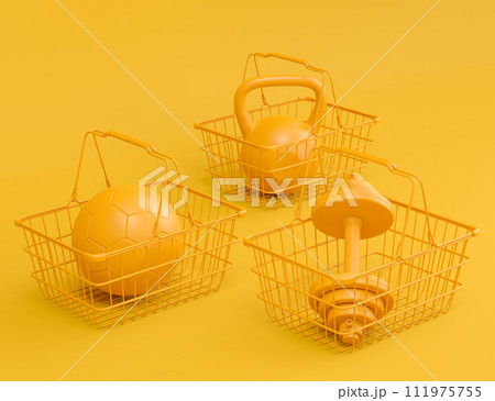 Sport equipment for fitness, gym in shopping basket on monochrome Sport equipment for fitness, gym in shopping basket on monochrome 111975755