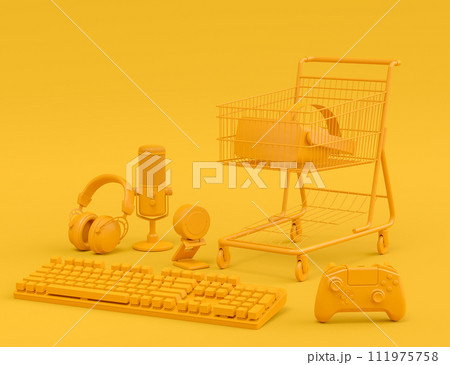 Flying gamer gears like mouse, keyboard, joystick, headset, VR on monochrome Flying gamer gears like mouse, keyboard, joystick, headset, VR on monochrome 111975758