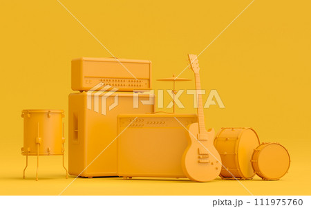 Set of electric acoustic guitars, amplifiers and drums with cymbal on monochrome Set of electric acoustic guitars, amplifiers and drums with cymbal on monochrome 111975760