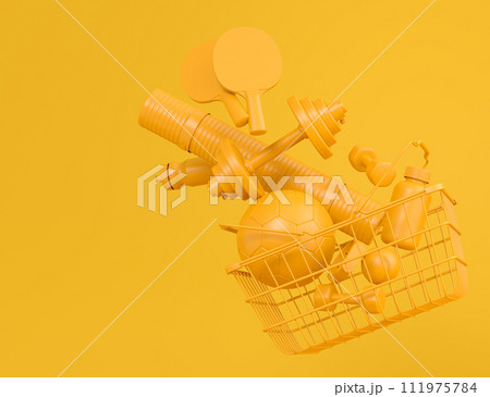 Sport equipment for fitness, gym in shopping basket on monochrome Sport equipment for fitness, gym in shopping basket on monochrome 111975784