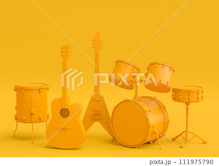 Set of electric acoustic guitars and drums with cymbals on monochrome background 111975790